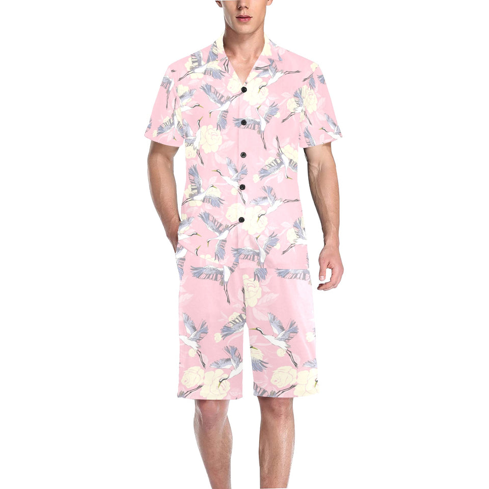 Japanese crane rose pattern Men's V-Neck Short Pajama Set