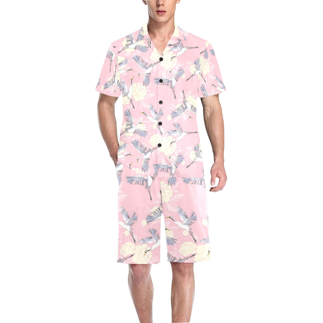 Japanese crane rose pattern Men's V-Neck Short Pajama Set