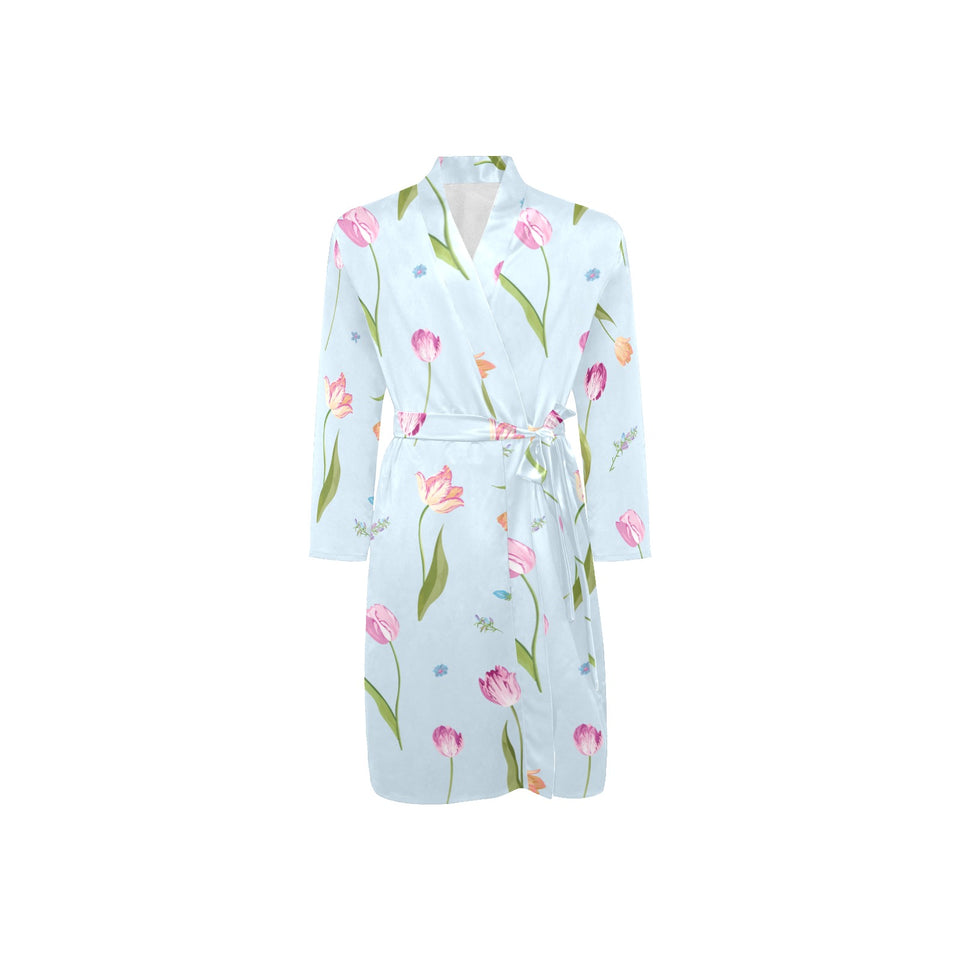 Watercolor Tulips pattern Men's Long Sleeve Belted Night Robe
