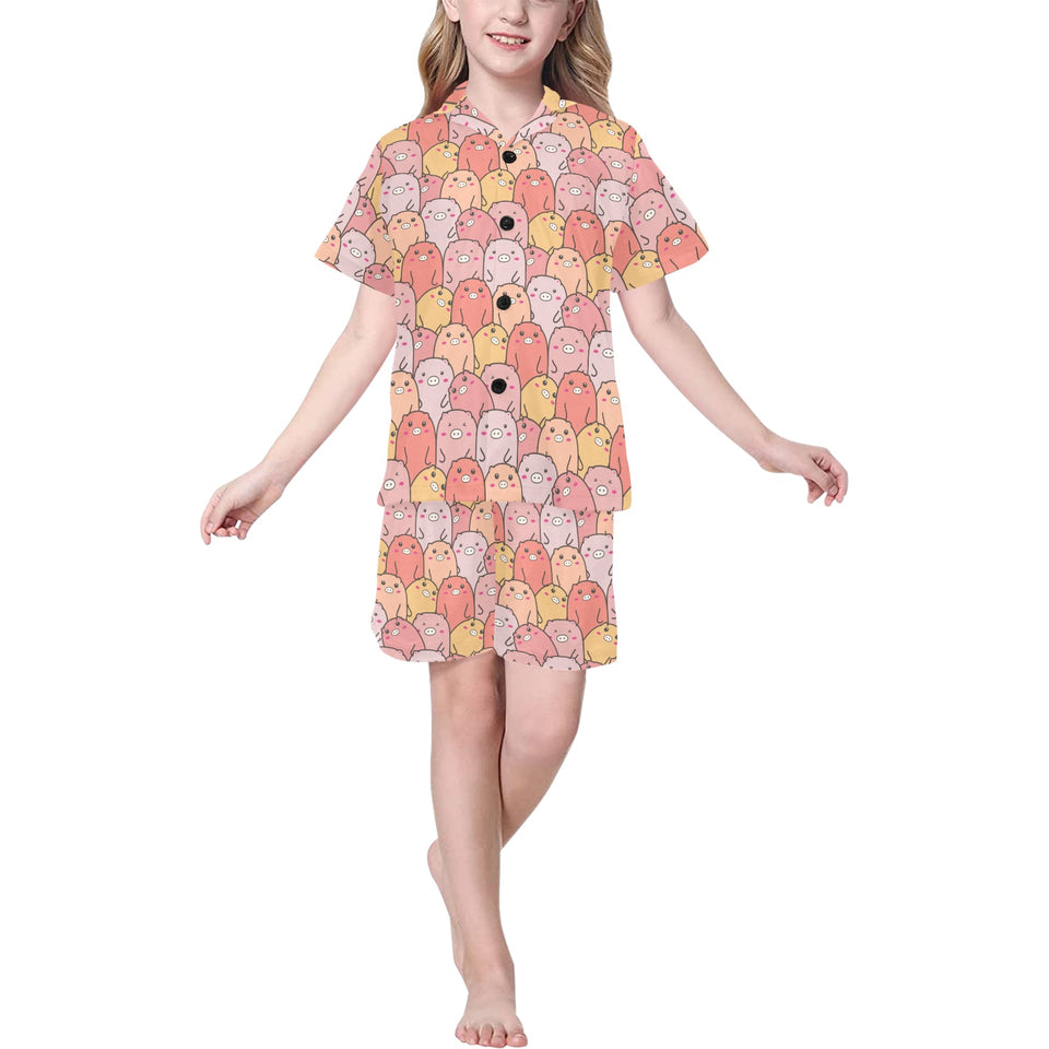 Pig Pattern Print Design 04 Kids' Boys' Girls' V-Neck Short Pajama Set