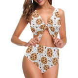 chocolate chip cookie pattern Chest Bowknot High Waisted Bikini Swimsuit