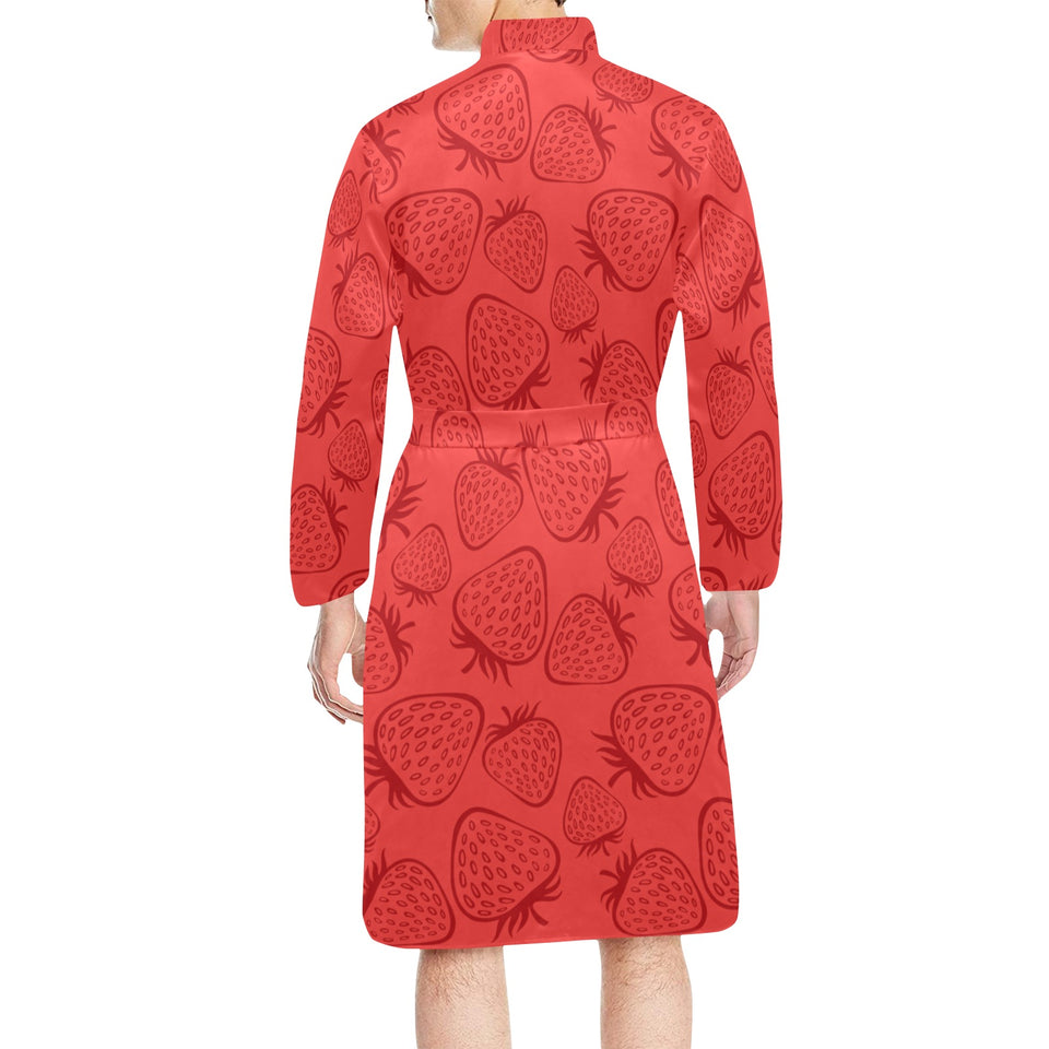 strawberry pattern red background Men's Long Sleeve Belted Night Robe