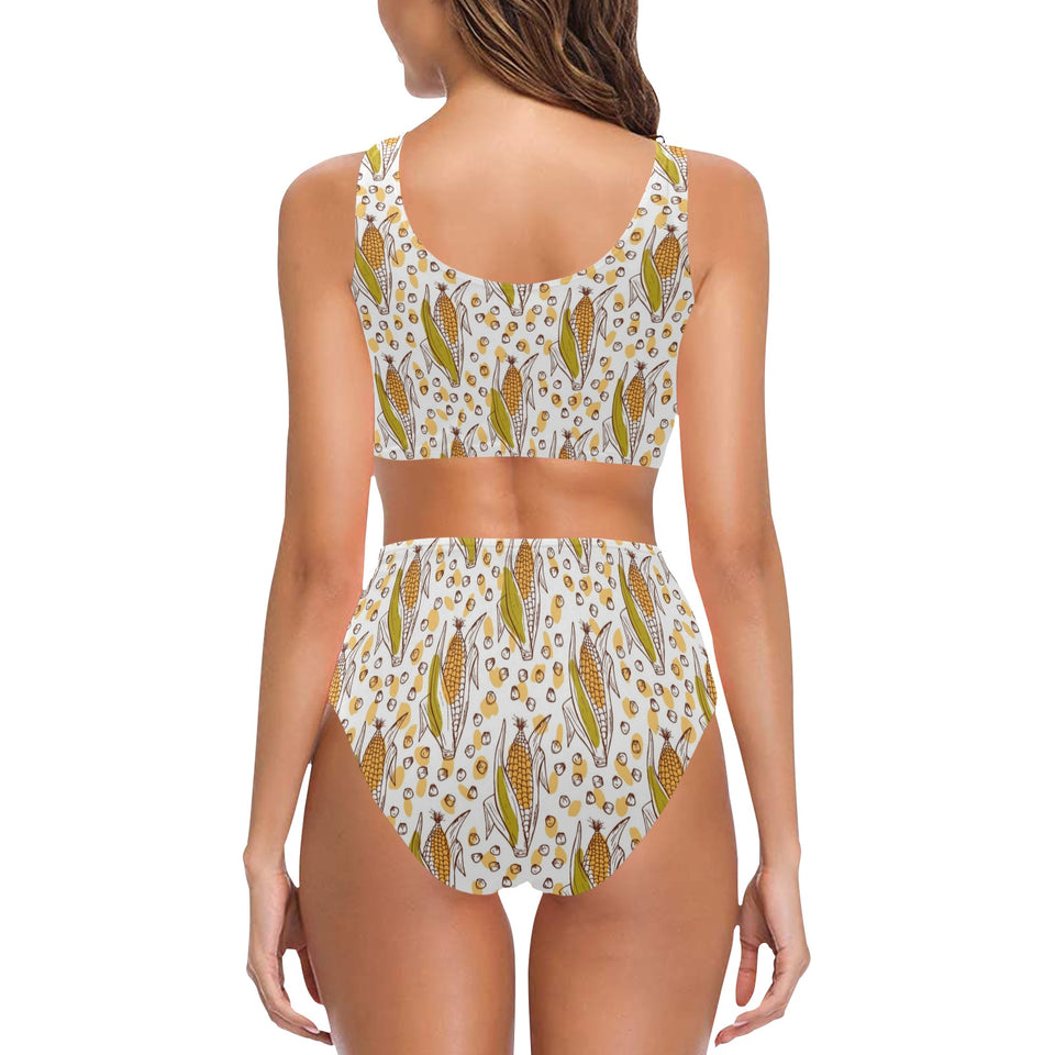 Corn Pattern Print Design 02 Chest Bowknot High Waisted Bikini Swimsuit