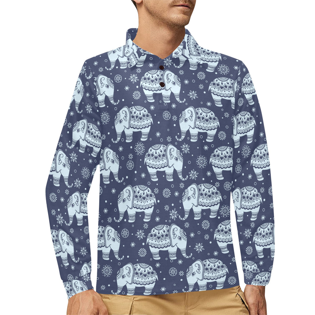 Elephant tribal design pattern Men's Long Sleeve Polo Shirt