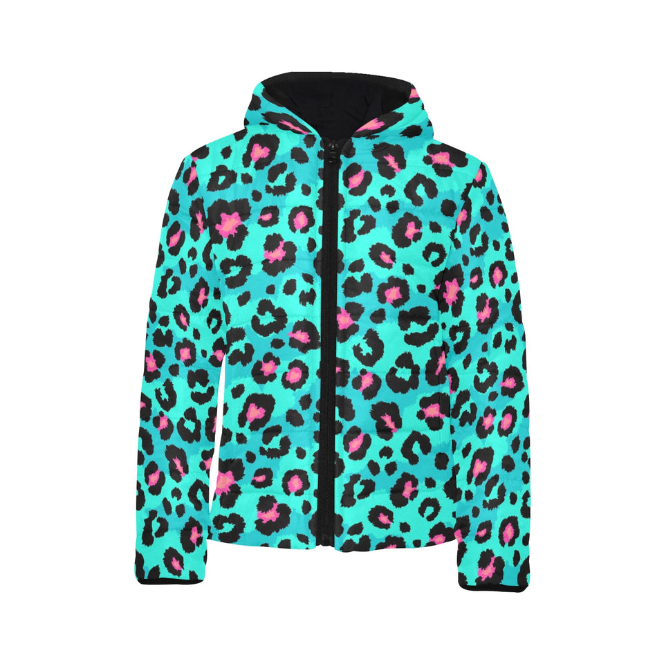 Green leopard skin print pattern Kids' Boys' Girls' Padded Hooded Jacket
