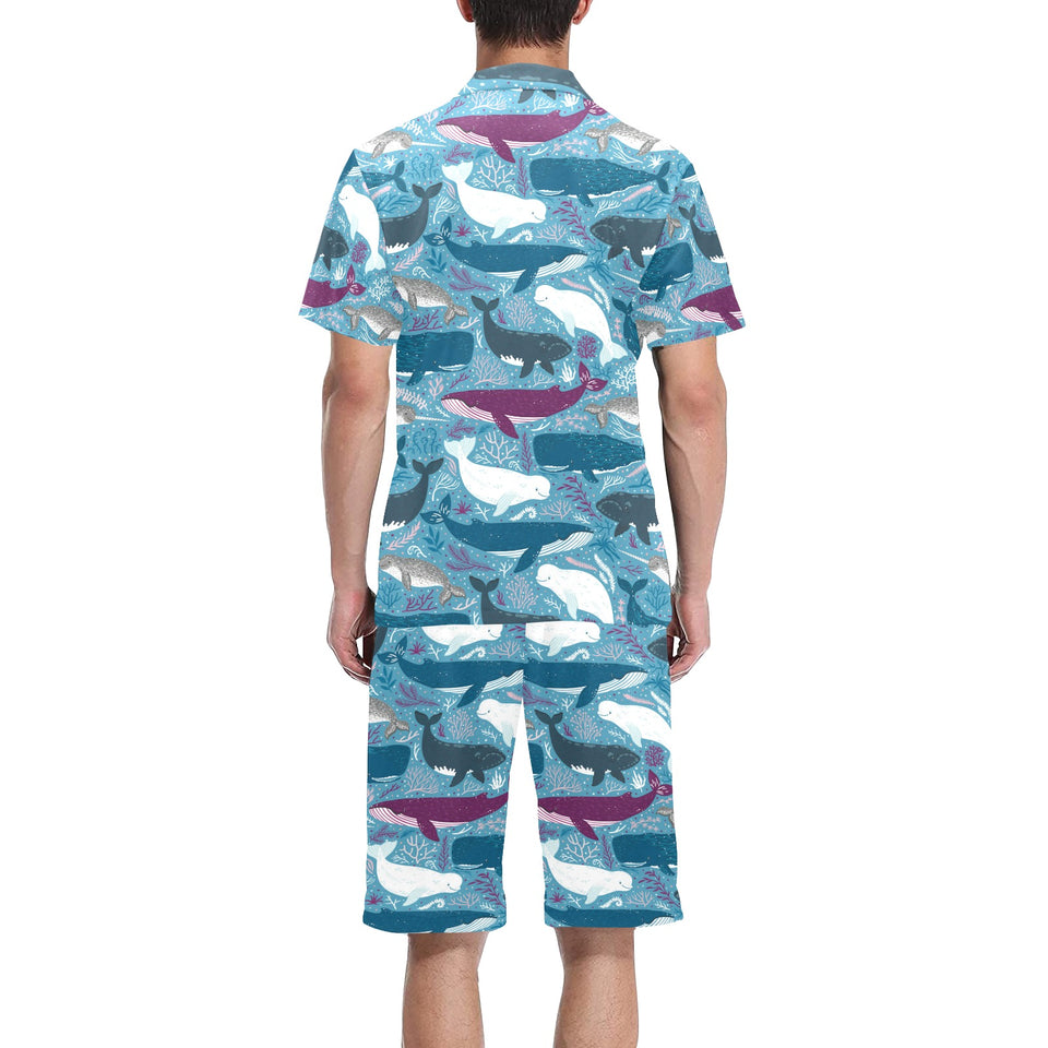 Whale design pattern Men's V-Neck Short Pajama Set