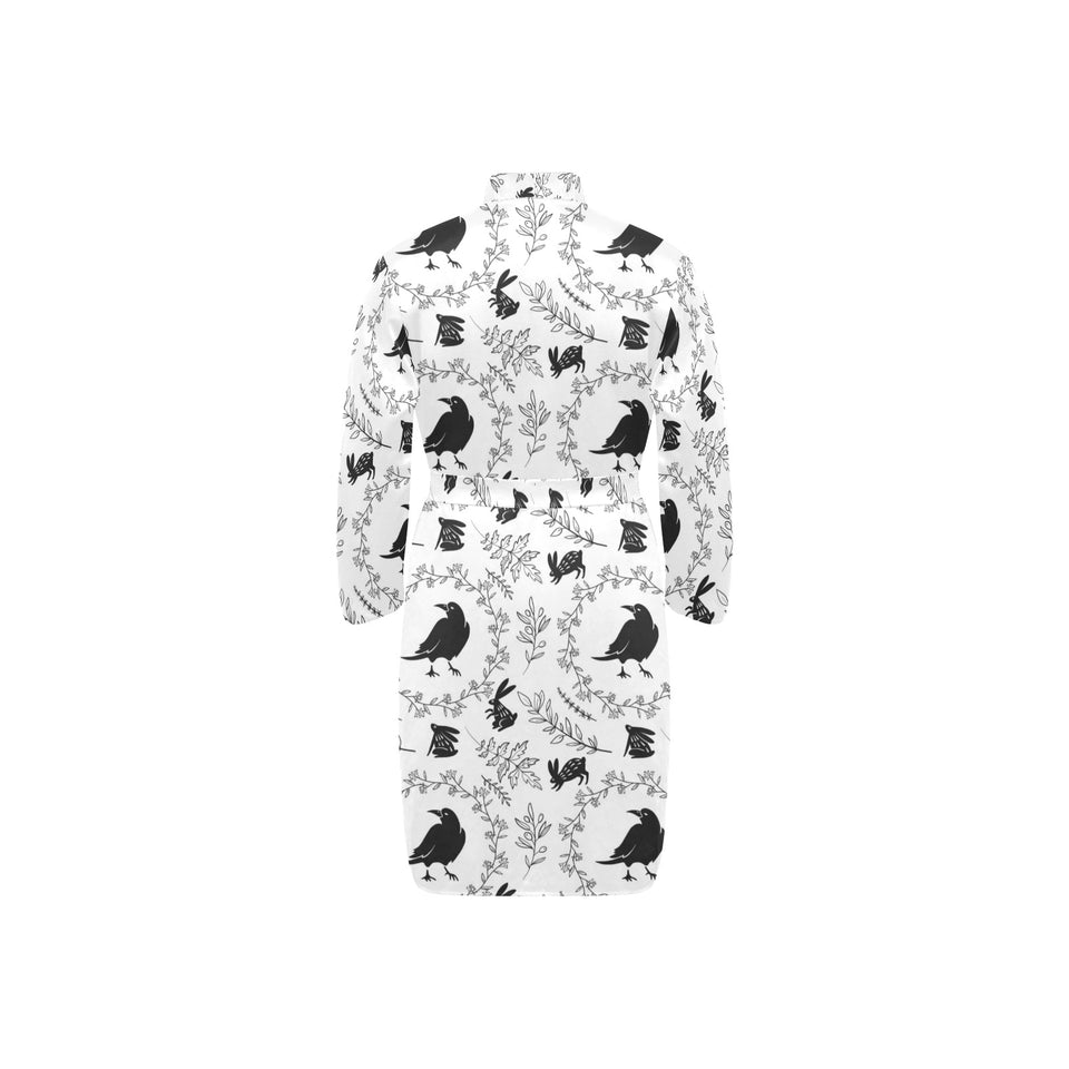 Crows floral wreath rabbit pattern Men's Long Sleeve Belted Night Robe