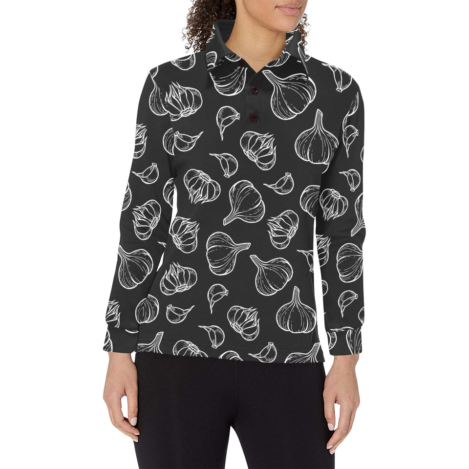 Garlic pattern black background Women's Long Sleeve Polo Shirt