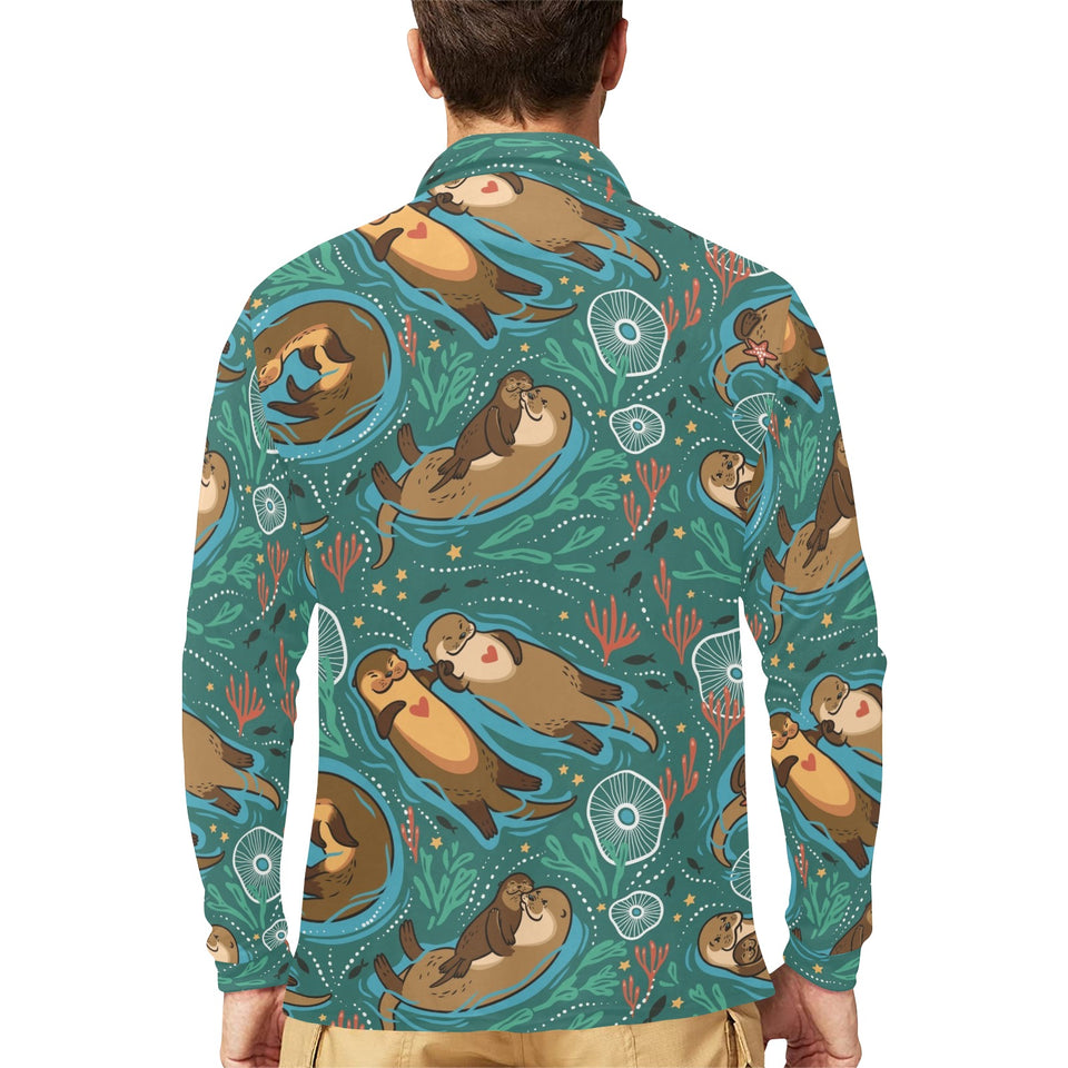 cute brown sea otters ornamental seaweed corals gr Men's Long Sleeve Polo Shirt