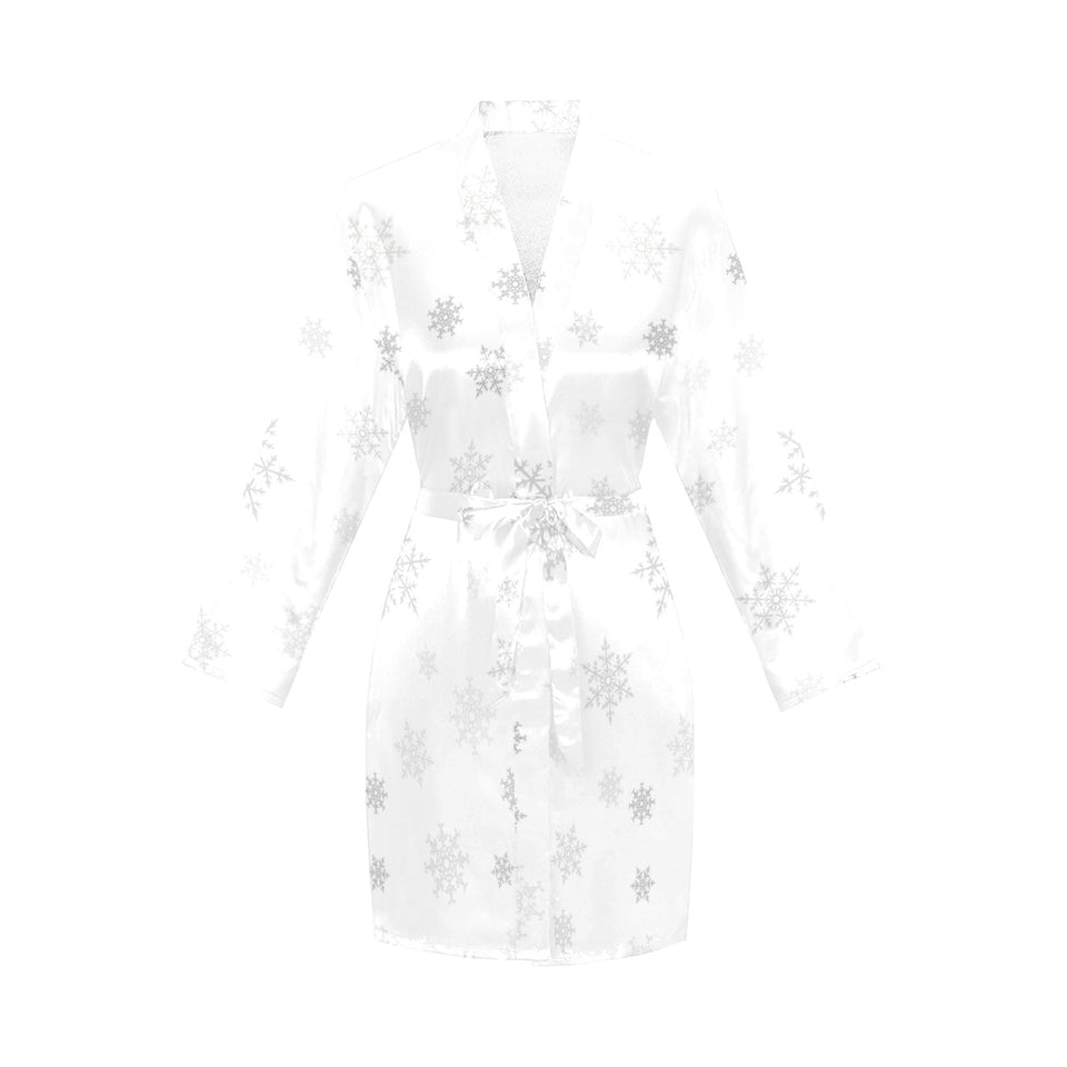 Snowflake pattern white background Women's Long Sleeve Belted Night Robe