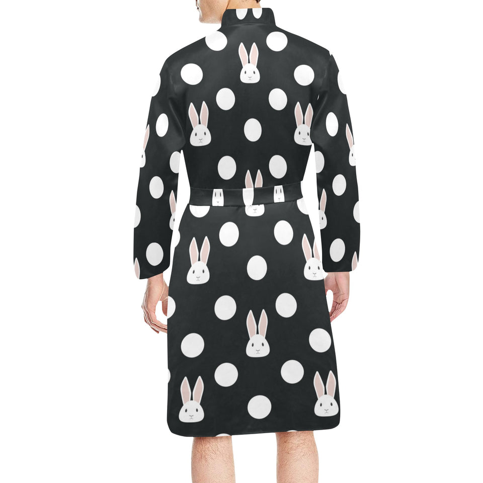 Cute white rabbit polka dots black background Men's Long Sleeve Belted Night Robe