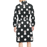Cute white rabbit polka dots black background Men's Long Sleeve Belted Night Robe