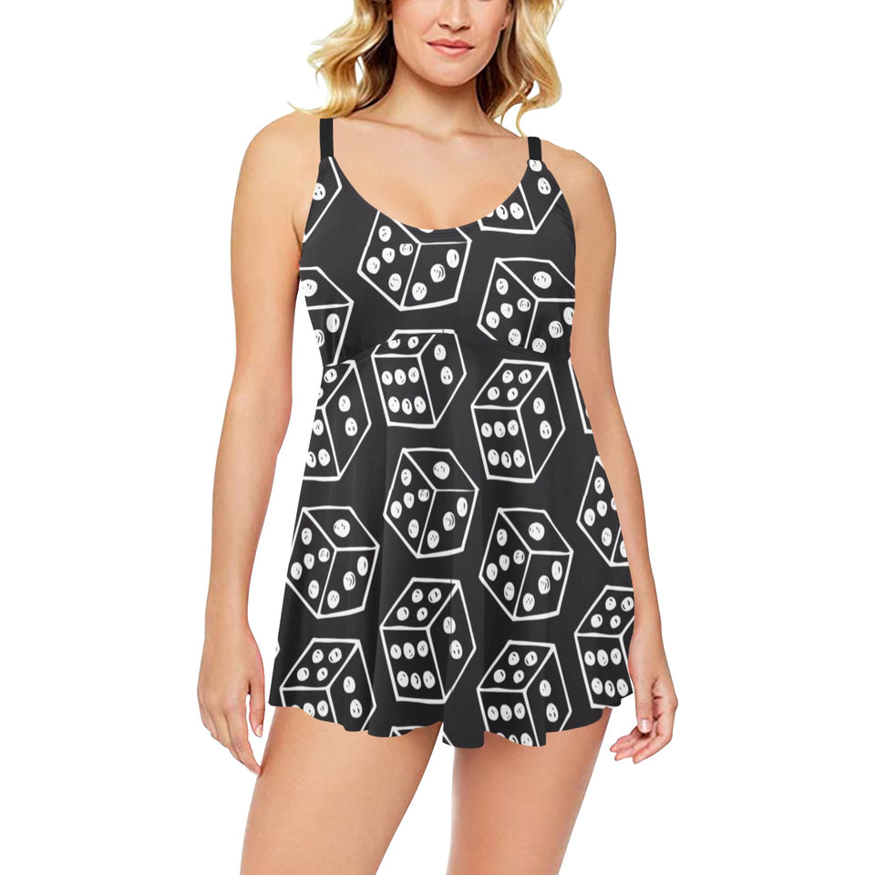 Dice Pattern Print Design 01 Chest Sexy Pleated Two Piece Swim Dress