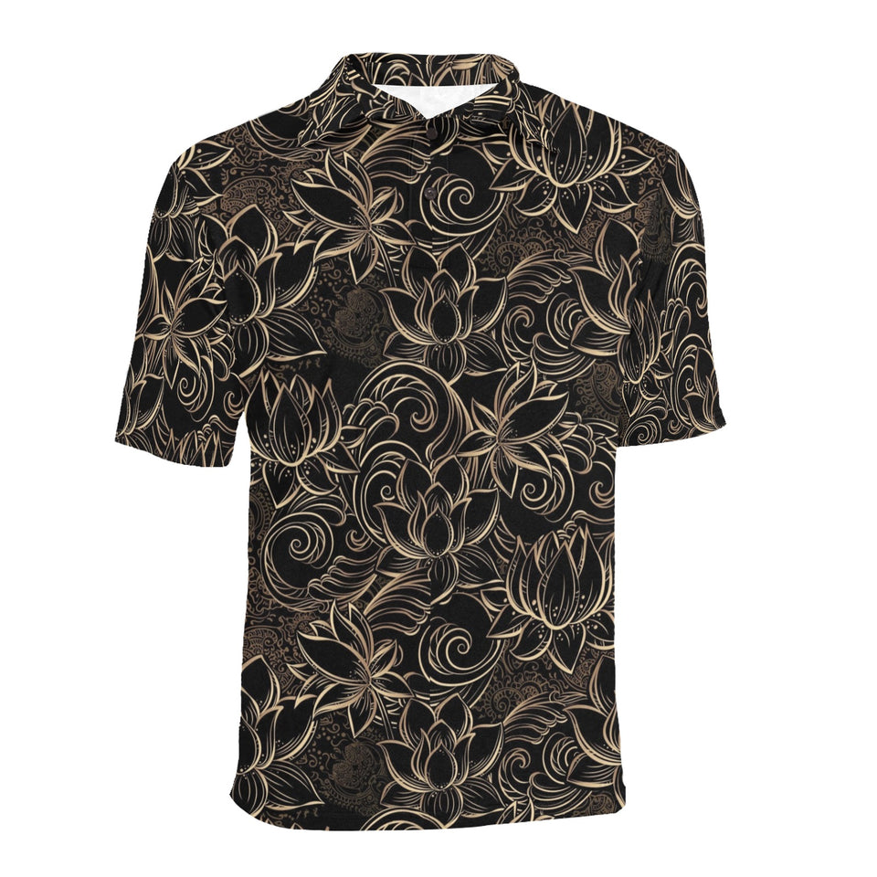 luxurious gold lotus waterlily black background Men's All Over Print Polo Shirt