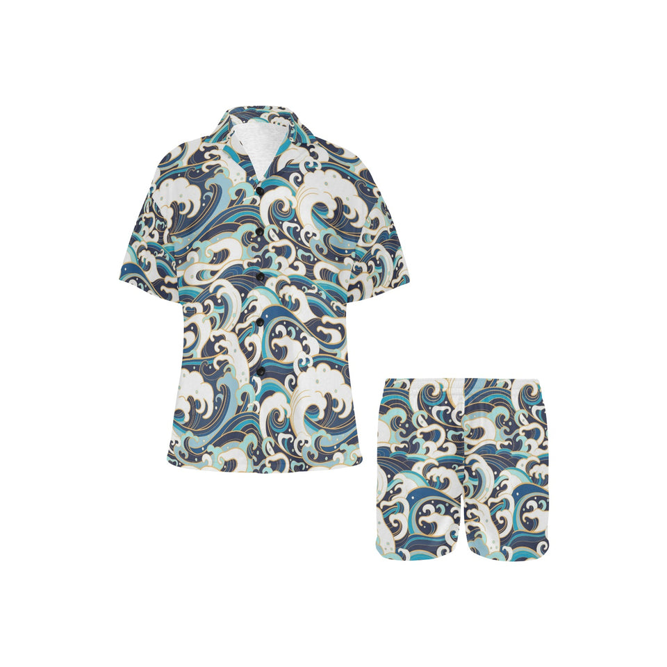 Japanese wave pattern Women's V-Neck Short Pajama Set
