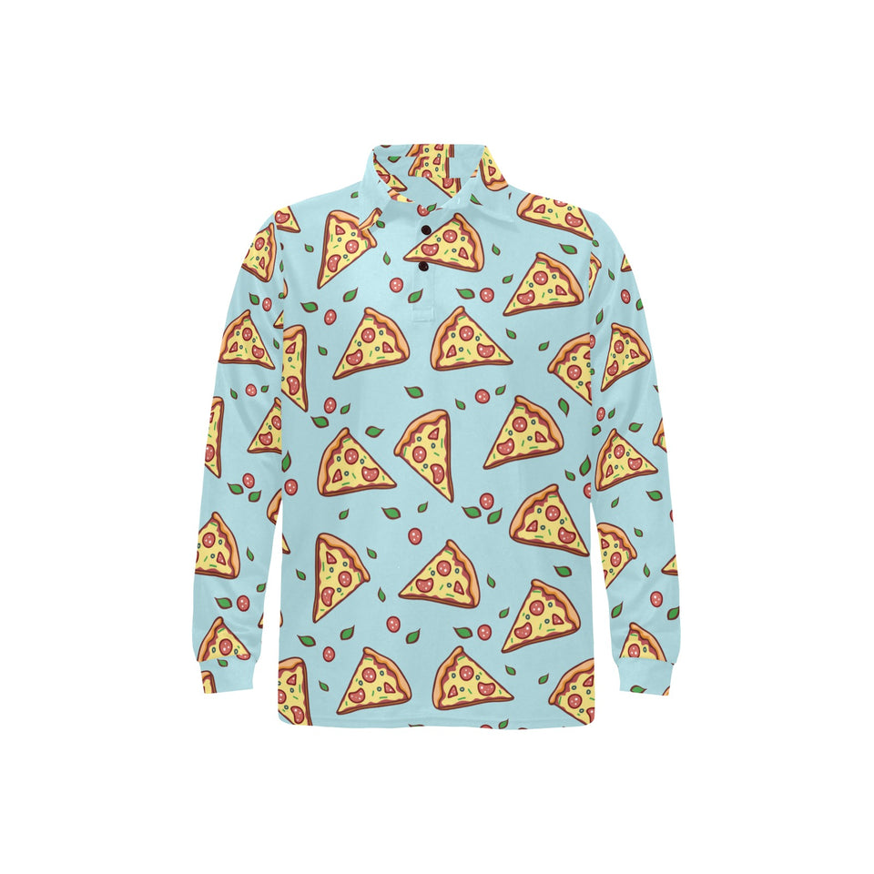Hand drawn pizza blue background Men's Long Sleeve Polo Shirt