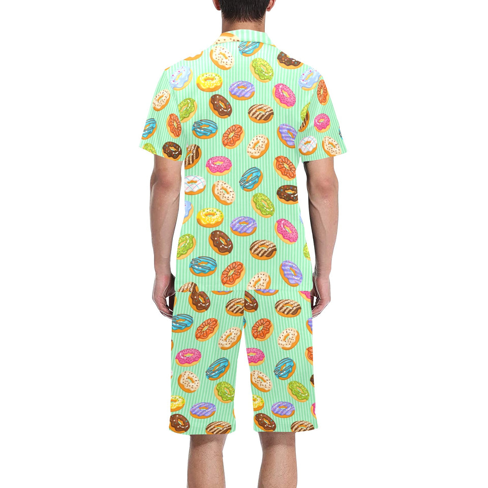 Colorful donut pattern green background Men's V-Neck Short Pajama Set