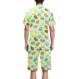 Colorful donut pattern green background Men's V-Neck Short Pajama Set