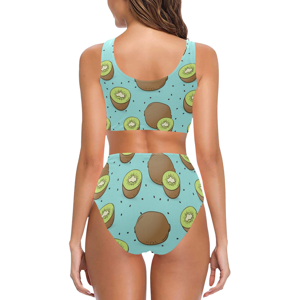 Kiwi blue background Chest Bowknot High Waisted Bikini Swimsuit