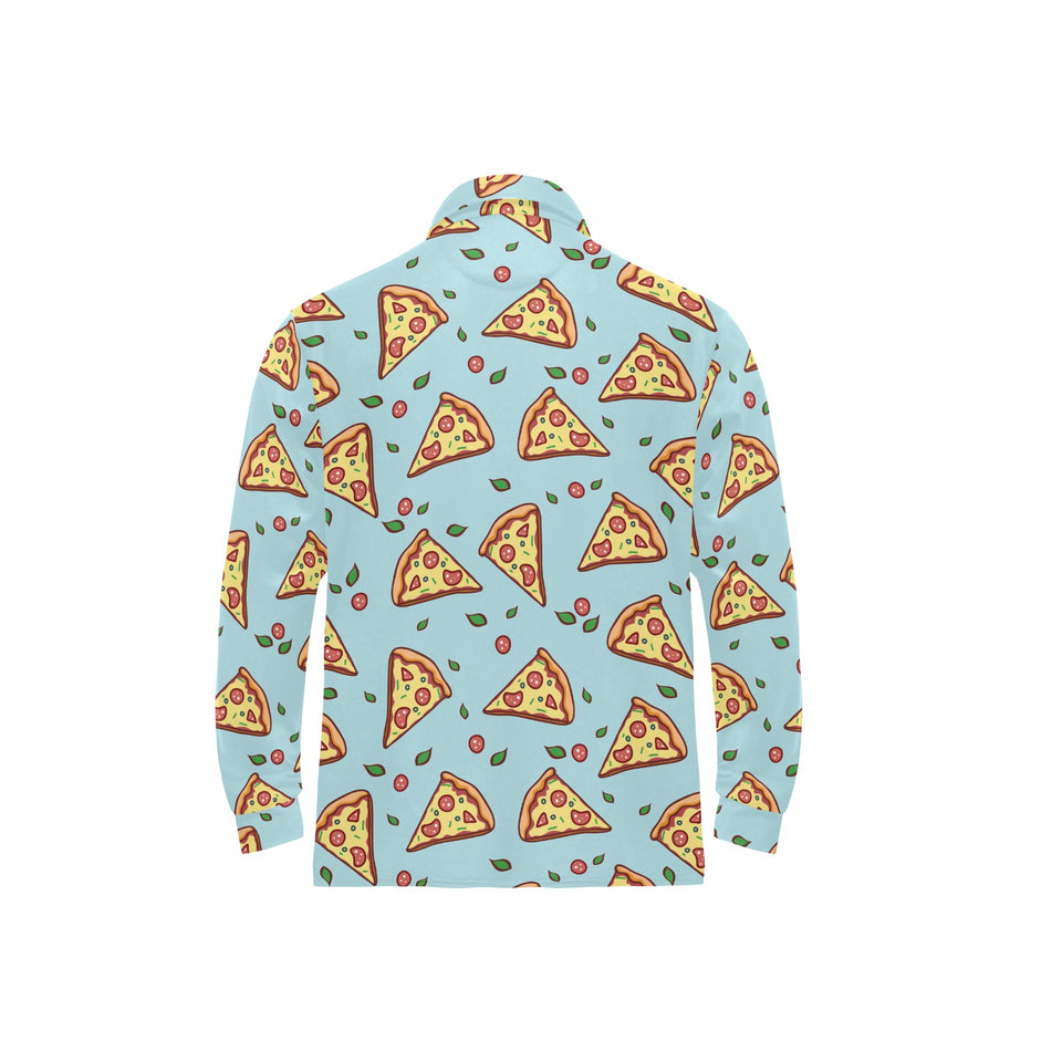 Hand drawn pizza blue background Men's Long Sleeve Polo Shirt