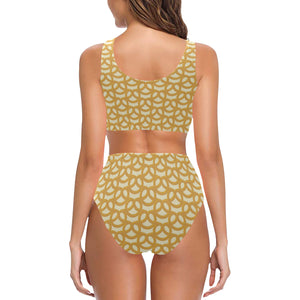 Pretzels Pattern Print Design 01 Chest Bowknot High Waisted Bikini Swimsuit