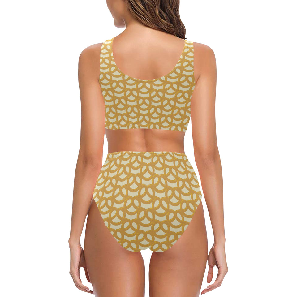 Pretzels Pattern Print Design 01 Chest Bowknot High Waisted Bikini Swimsuit