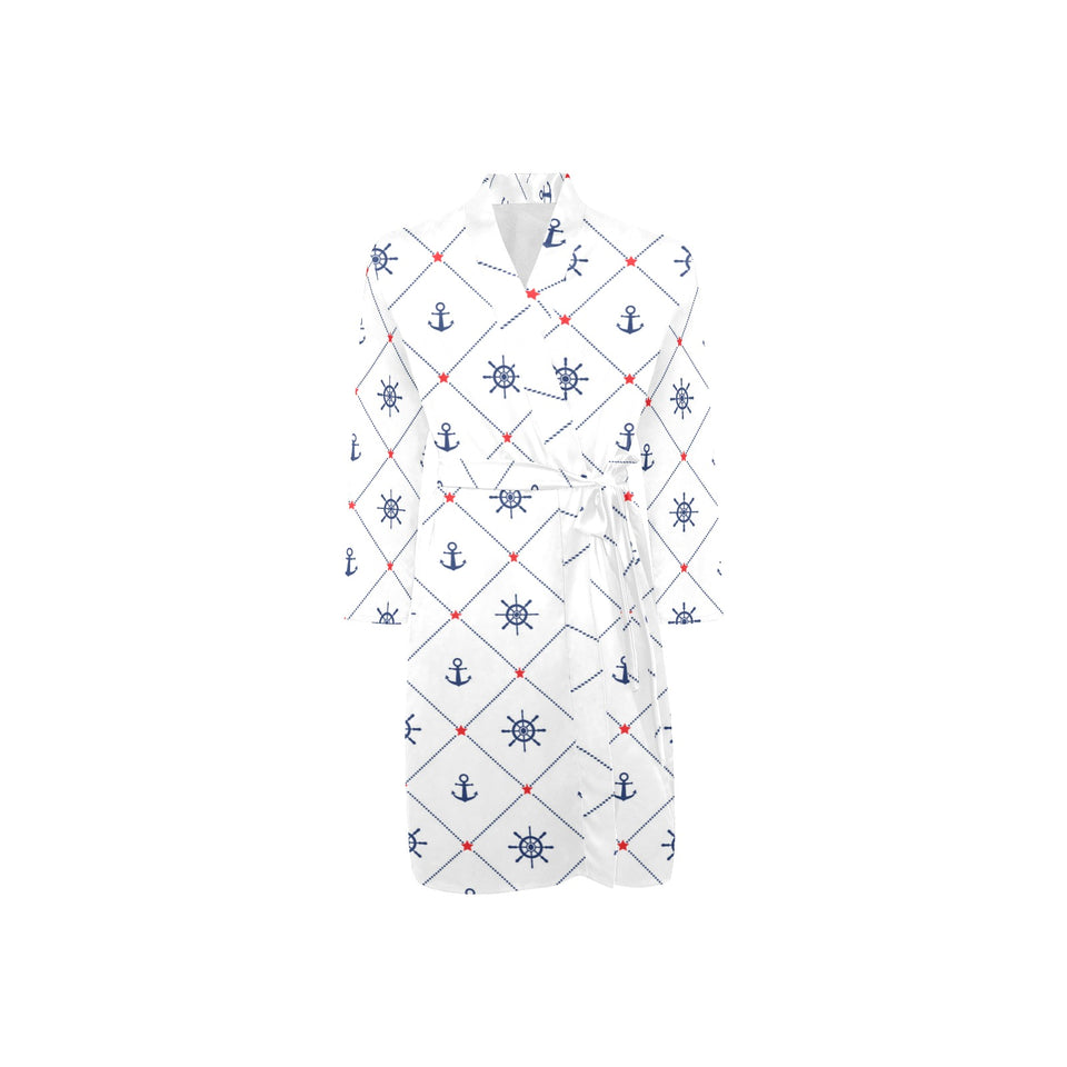 Anchor rudder nautical design pattern Men's Long Sleeve Belted Night Robe