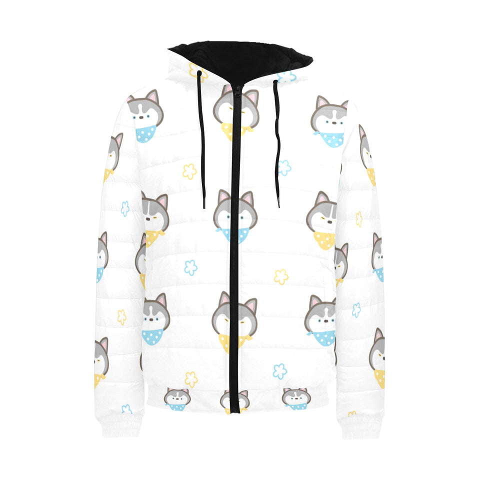 Cute Siberian Husky pattern Men's Padded Hooded Jacket