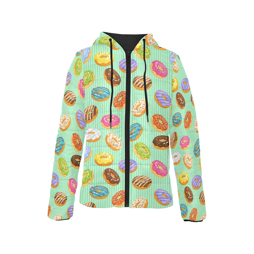 Colorful donut pattern green background Women's Padded Hooded Jacket