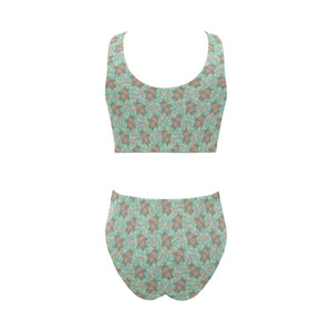 Hippopotamus Pattern Print Design 02 Chest Bowknot High Waisted Bikini Swimsuit