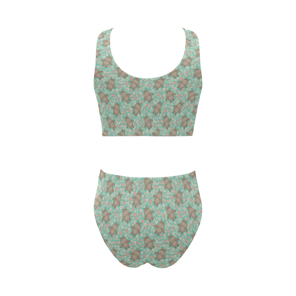 Hippopotamus Pattern Print Design 02 Chest Bowknot High Waisted Bikini Swimsuit