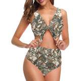 Monkey tropical leaves background Chest Bowknot High Waisted Bikini Swimsuit