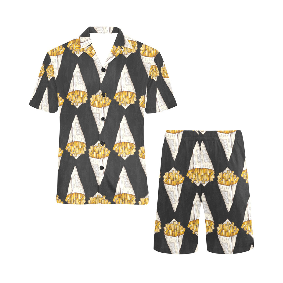 French fries dark background Men's V-Neck Short Pajama Set