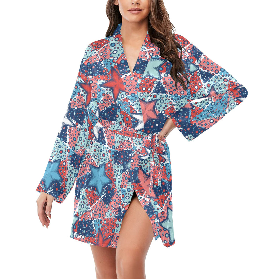 Hand drawn colorful starfish Women's Long Sleeve Belted Night Robe