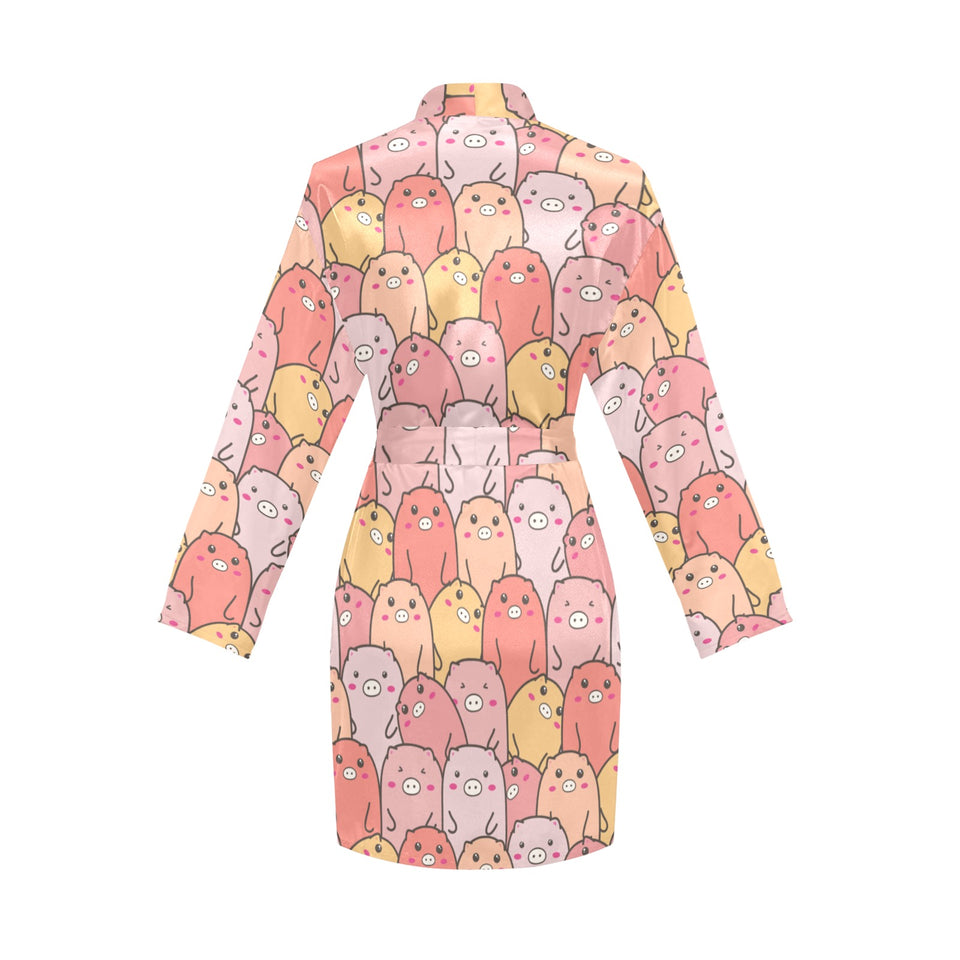 Pig Pattern Print Design 04 Women's Long Sleeve Belted Night Robe