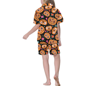 Pumpkin flowers spiderweb Halloween theme Kids' Boys' Girls' V-Neck Short Pajama Set