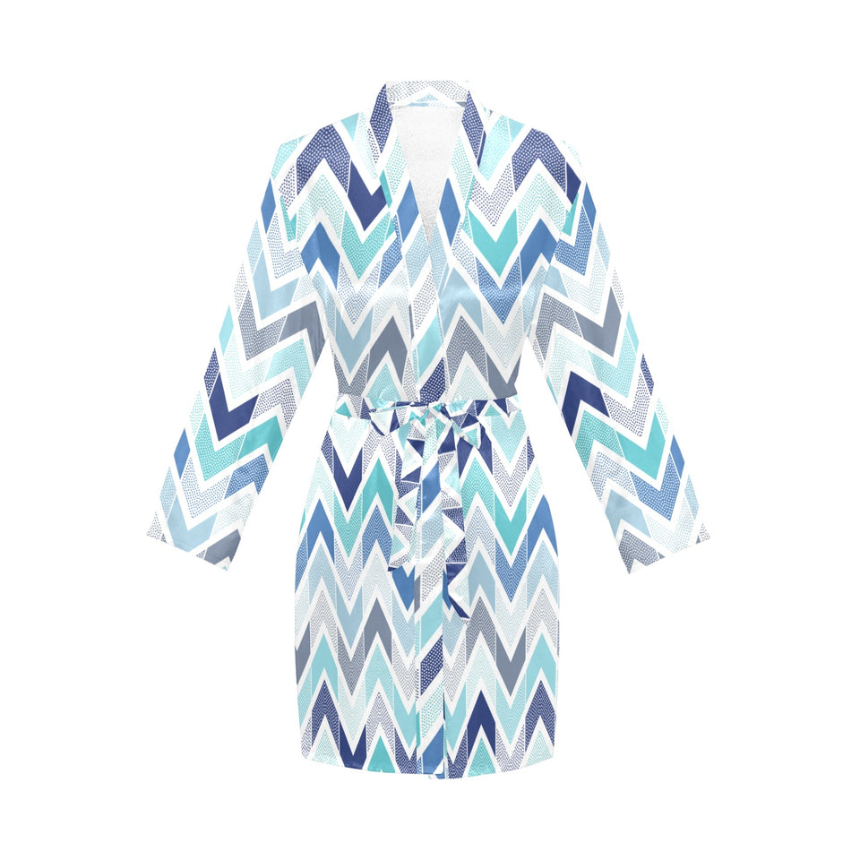zigzag chevron blue pattern Women's Long Sleeve Belted Night Robe