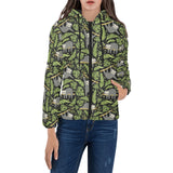 Cute sloths tropical palm leaves black background Women's Padded Hooded Jacket