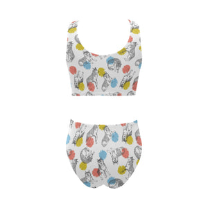 Siberian husky and colorful circle pattern Chest Bowknot High Waisted Bikini Swimsuit