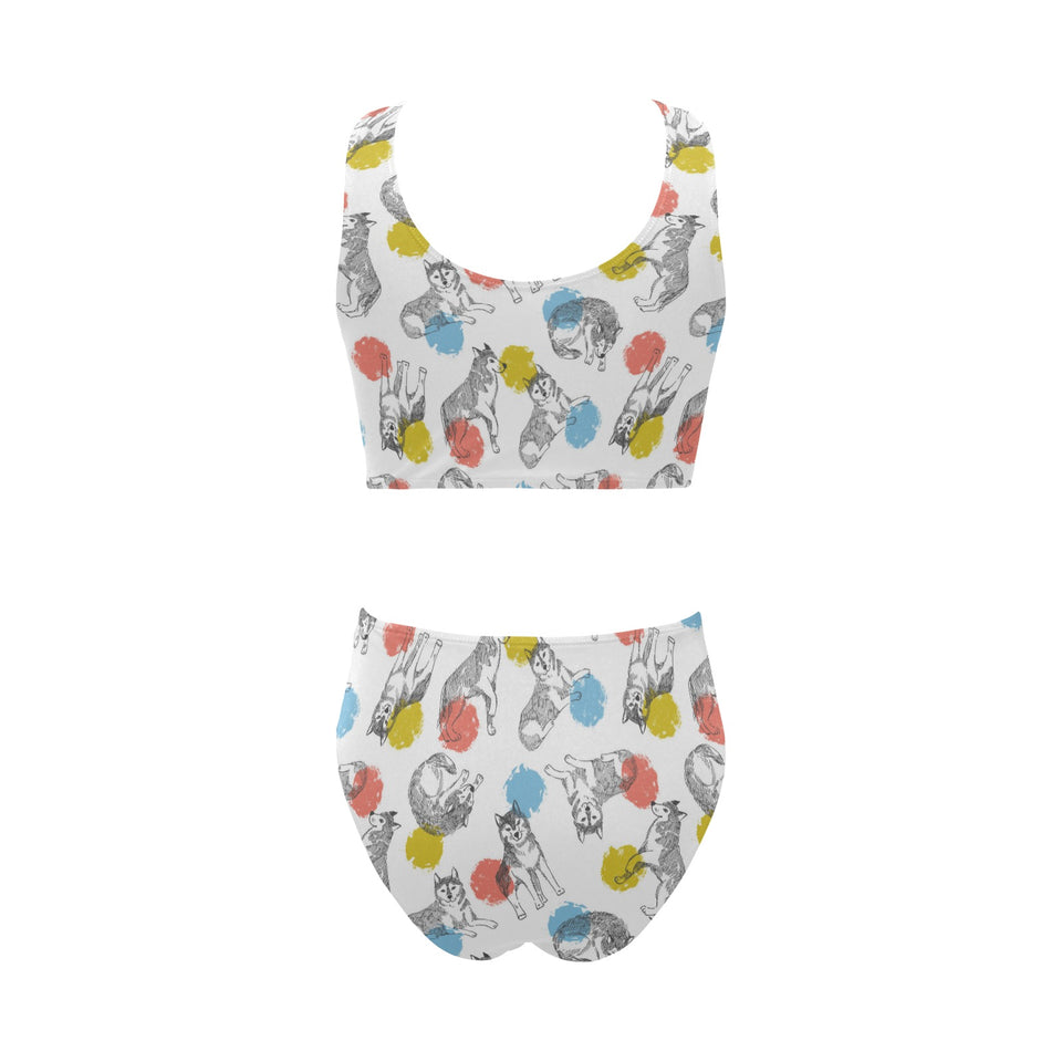 Siberian husky and colorful circle pattern Chest Bowknot High Waisted Bikini Swimsuit