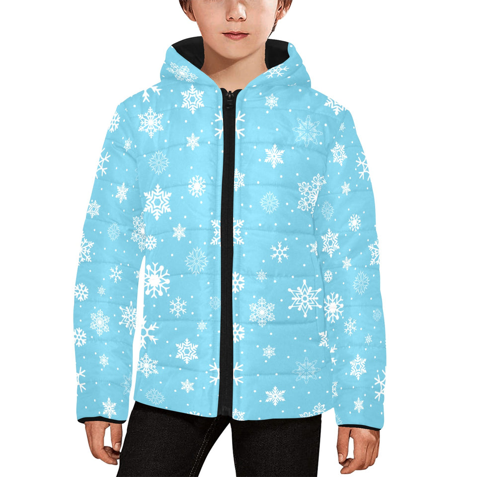 Snowflake pattern blue background Kids' Boys' Girls' Padded Hooded Jacket