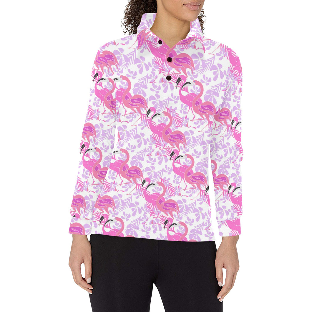 Pink flamingo flower pattern Women's Long Sleeve Polo Shirt