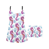 Purple seahorse blue coral pattern Chest Sexy Pleated Two Piece Swim Dress