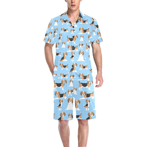 Beagle dog blue background pattern Men's V-Neck Short Pajama Set