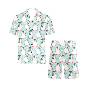 Cute Penguin pattern Men's V-Neck Short Pajama Set