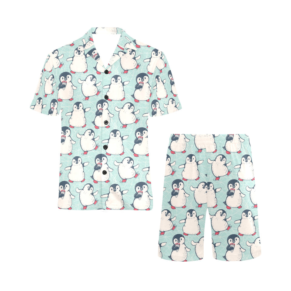 Cute Penguin pattern Men's V-Neck Short Pajama Set