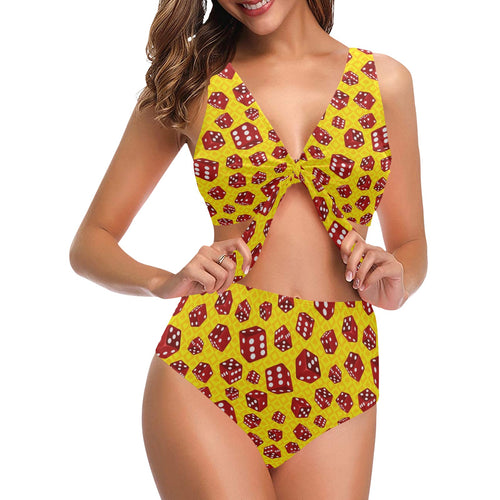 Dice Pattern Print Design 04 Chest Bowknot High Waisted Bikini Swimsuit
