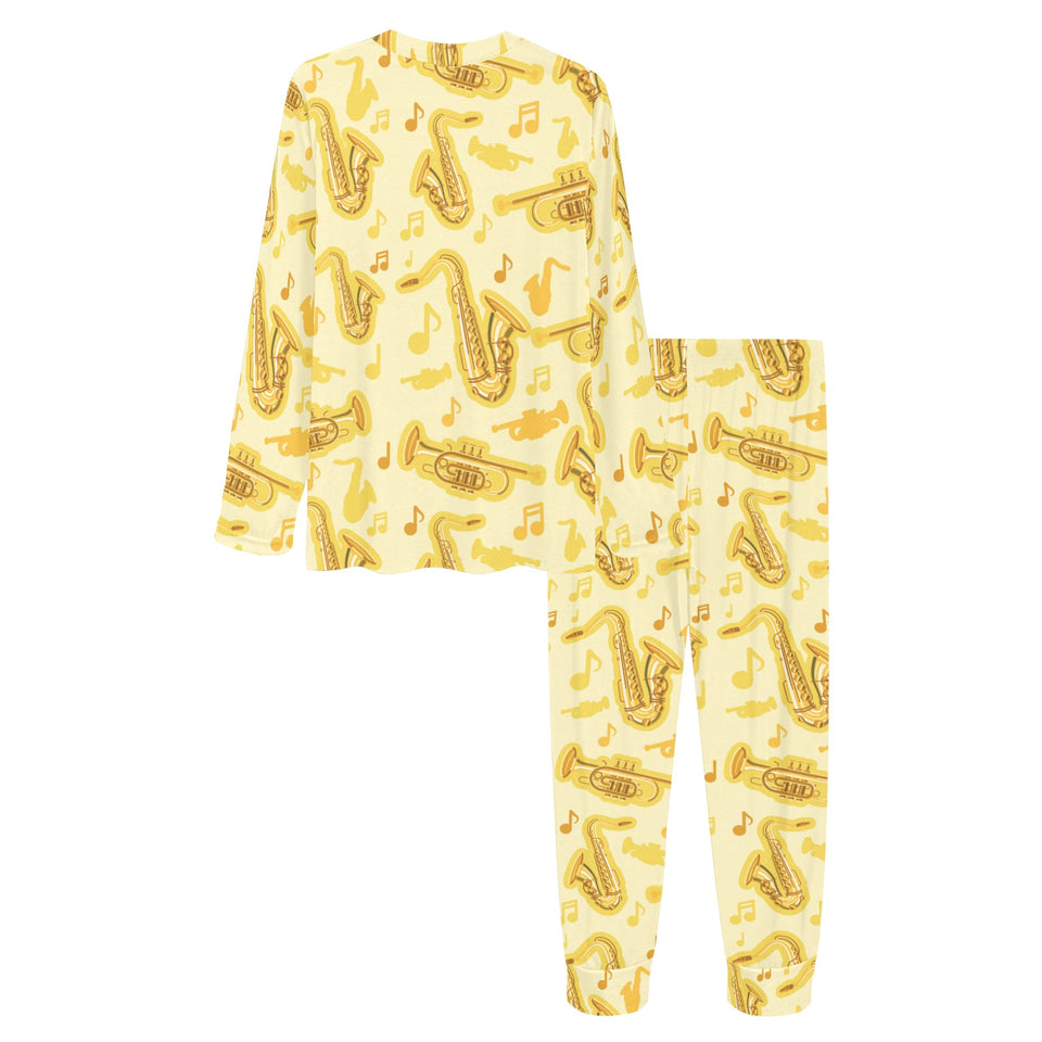 Saxophone cornet pattern yellow background Women's All Over Print Pajama Set