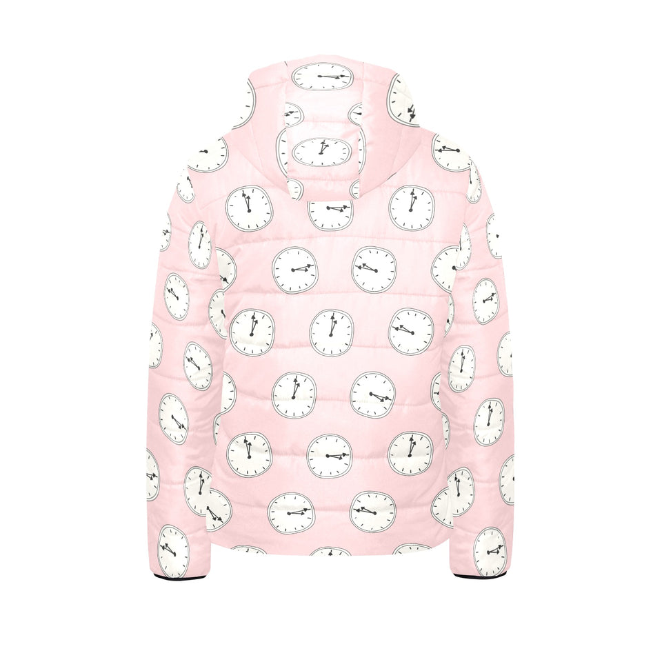 Clock pattern pink blackground Kids' Boys' Girls' Padded Hooded Jacket