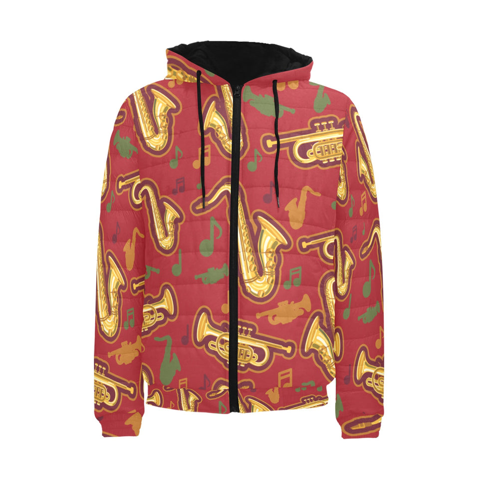 Saxophone cornet pattern red background Men's Padded Hooded Jacket